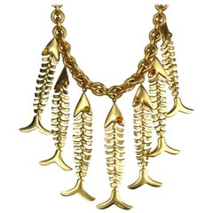 Vintage Anne Klein Couture articulated Fish Gold Necklace Never worn 1990s 3