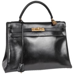 Vintage HERMES Kelly 32 Handbag In Black Box Leather