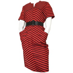 Louis Feraud 1980s Red & Navy Striped Cotton Dress with Pockets Size 12.