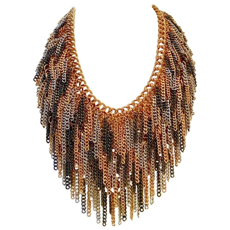 Modern Heavy Metal Chain Link 3-Tone Fringe Necklace For Sale at 1stdibs