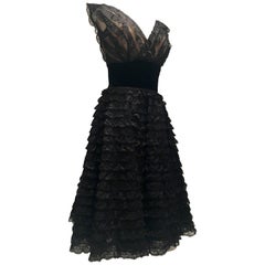 1950'S Handmade Lace Black and Nude Tulle Party Dress, Sz 4