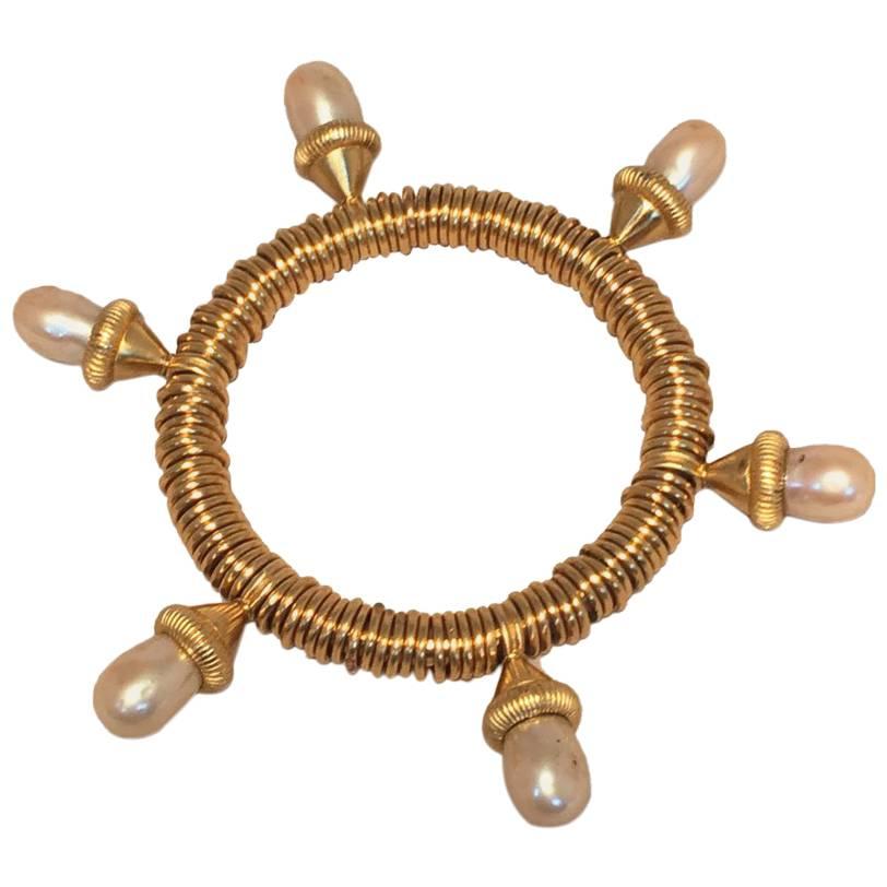 Vintage Kenneth Jay Lane Gold Wire Wrapped Pearl Drop Bangle Bracelet  For Sale