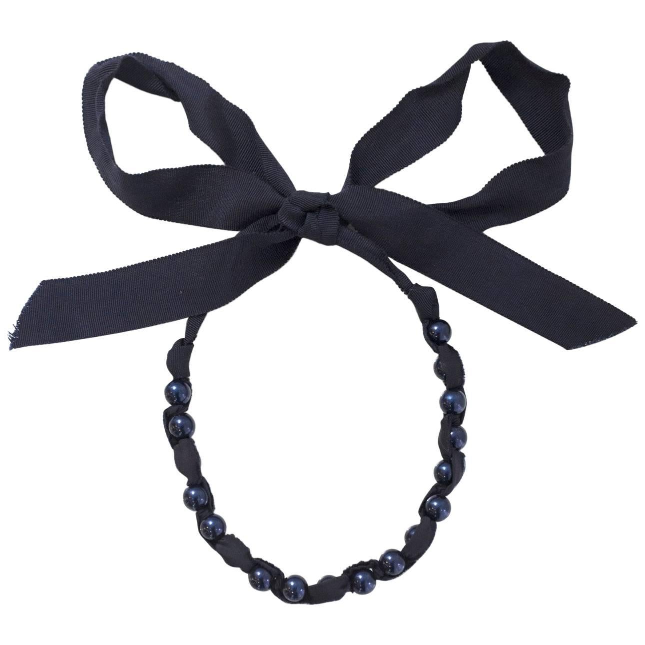 Lanvin Navy Beaded Ribbon Necklace with Dust Bag