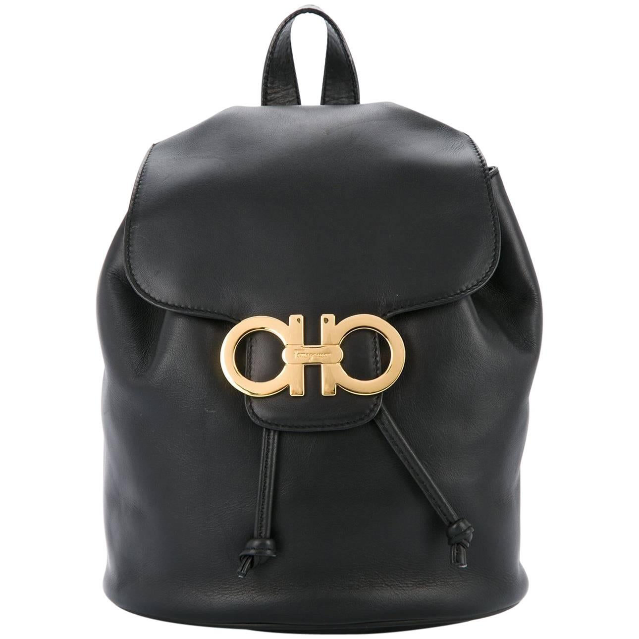 Salvatore Ferragamo Black Leather Drawstring Bucket Backpack Shoulder Flap Bag