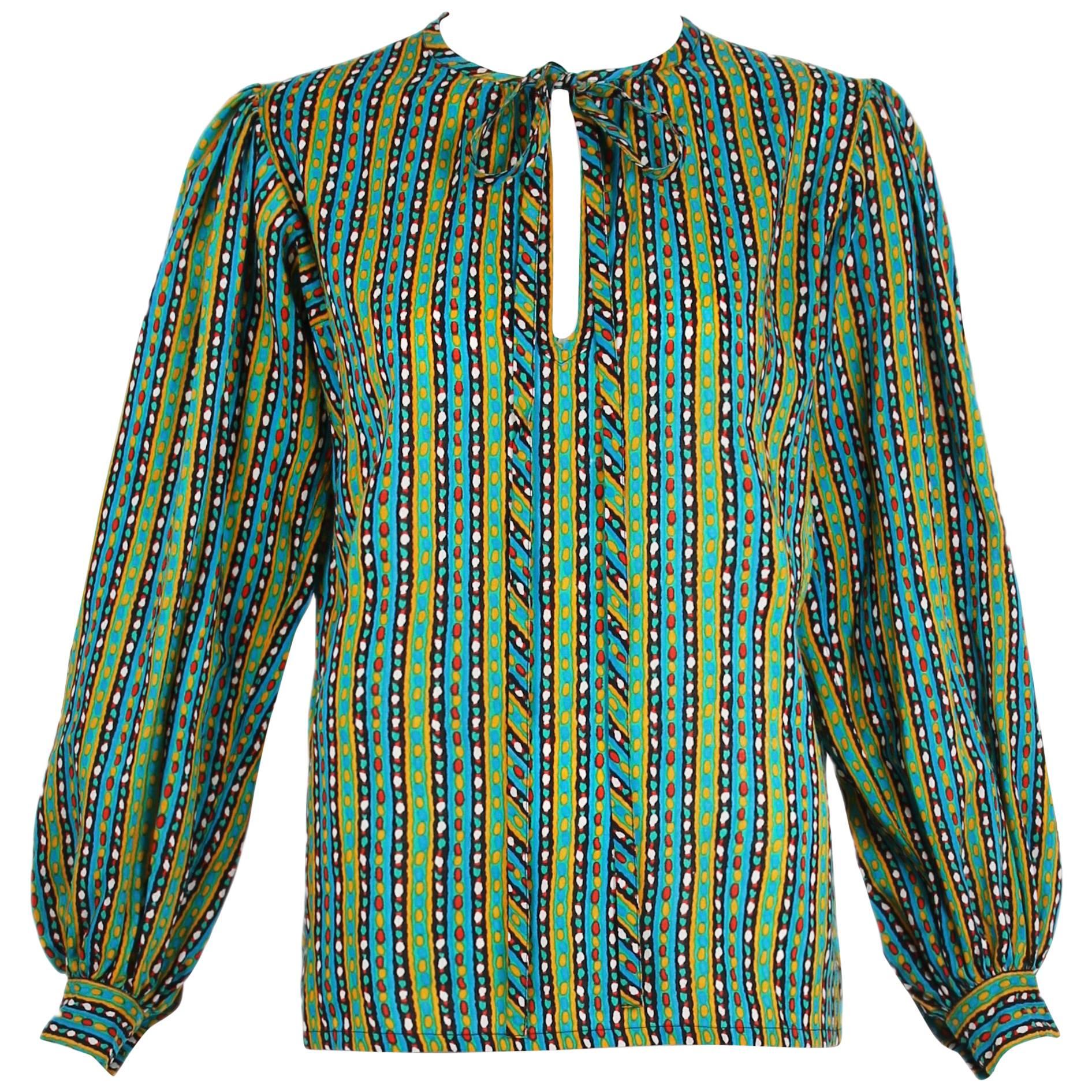 1970's Yves Saint Laurent Peasant Blouse w/Neck Ties & Print