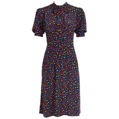 Vintage Yves Saint Laurent Silk Star Print Day Dress w/Ties at Neck