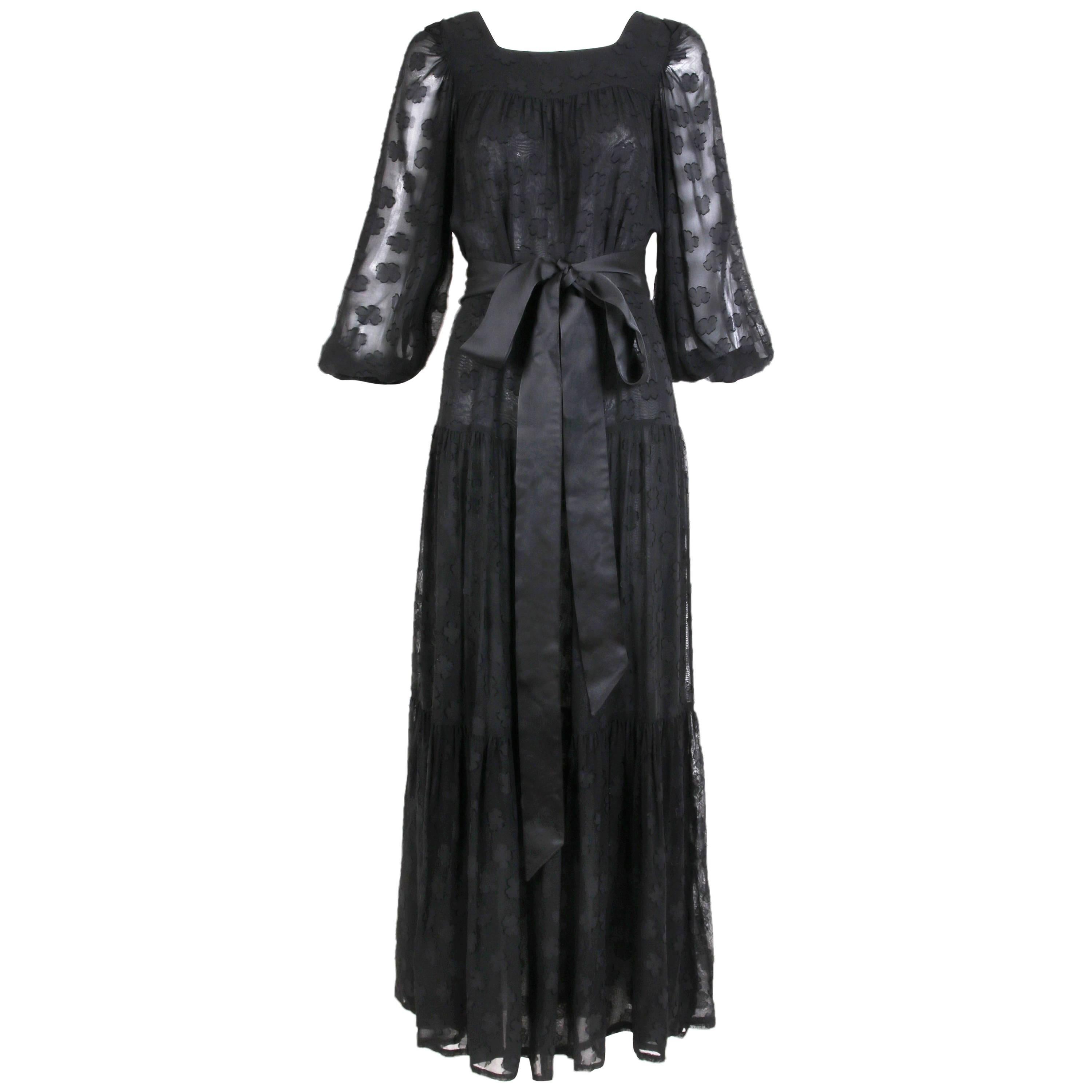 1980 Yves Saint Laurent YSL Black Sheer Tiered Maxi Dress w/Peasant Sleeves