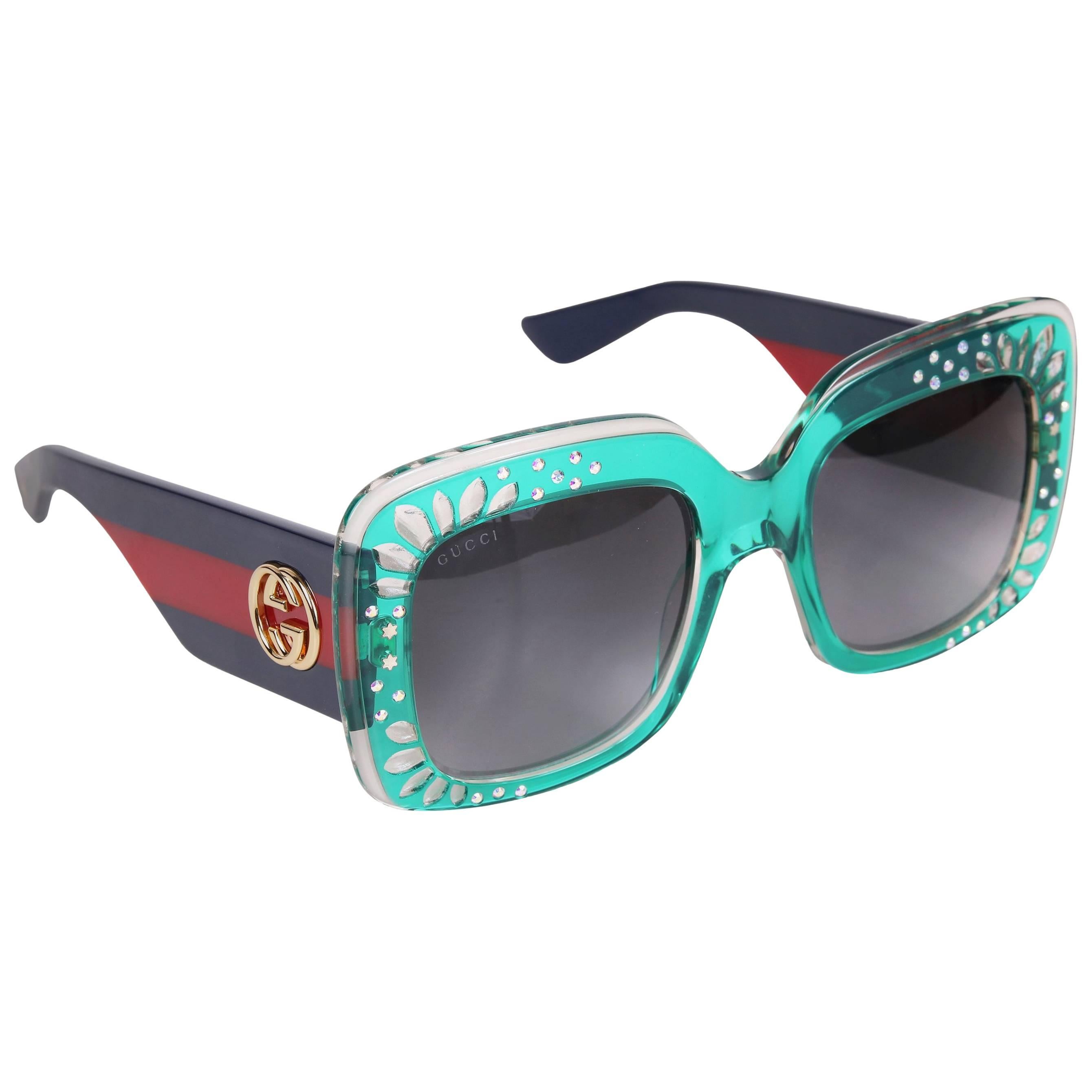 Gucci Green Oversized Square Frame Sunglasses w/Rhinestone Detail