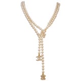 VTG CHANEL Long Necklace Black Costume Pearl Beaded Silver Rhinestone CC  Logo