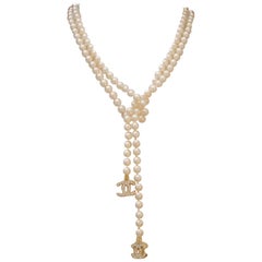 2007V Chanel Pearl Lariat Necklace w/Two Crystal Encrusted CC Logo