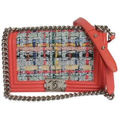 CHANEL 'Boy' Flap Bag in Multicolored Tweed and Coral Trim Leather