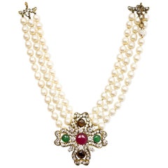 Chanel Vintage Three Strand Faux Pearl & Crystal Choker Necklace