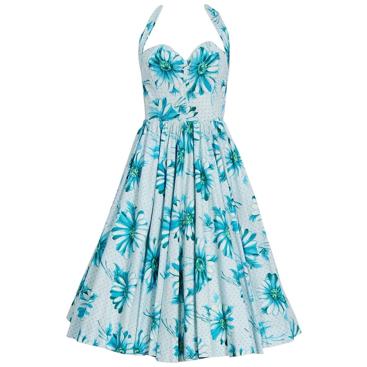 Blue Daisies Floral Print Cotton Sweetheart Halter Full Skirt Sun Dress, 1950s  