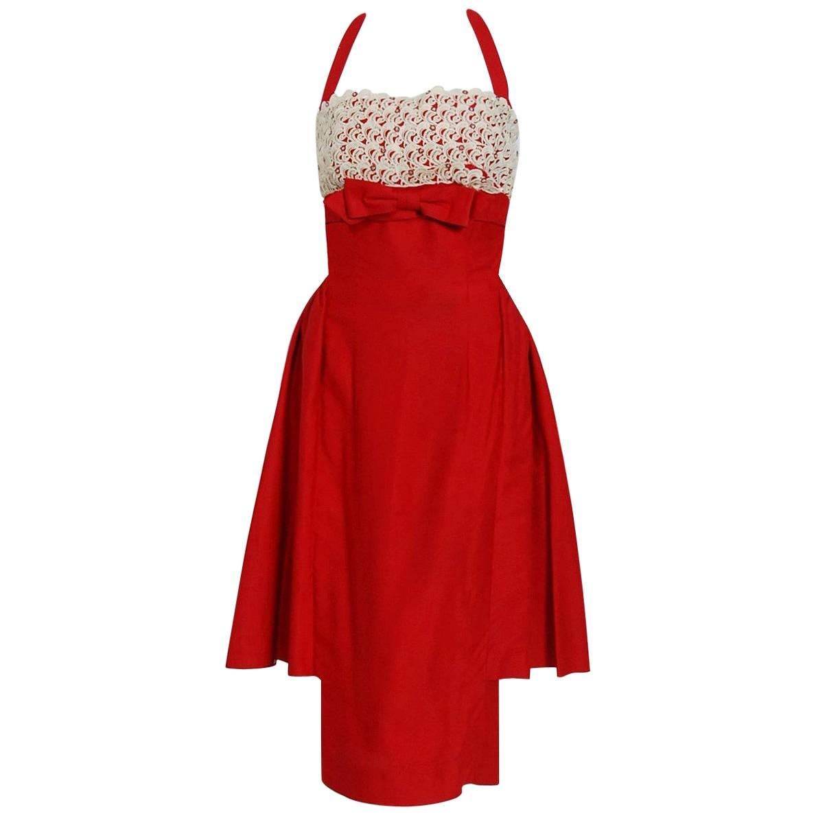 1950's Ruby-Red Cotton & Ivory Lace Shelf-Bust Halter Skirted Cocktail Dress 