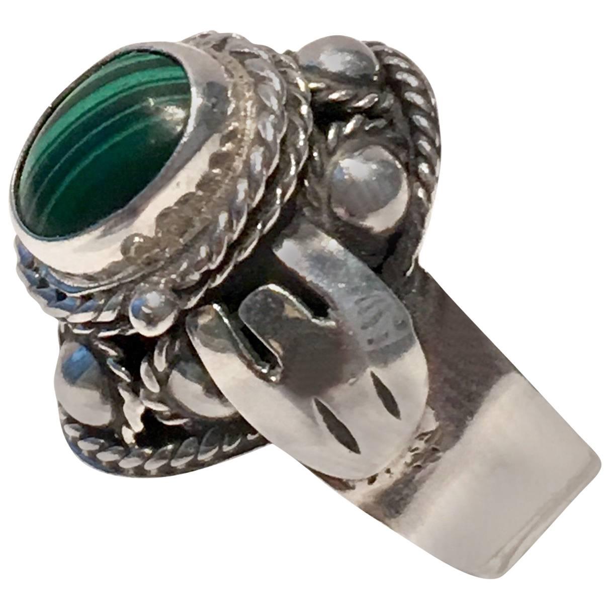 1960'S Sterling Silver and Malachite Poison Ring-Signed