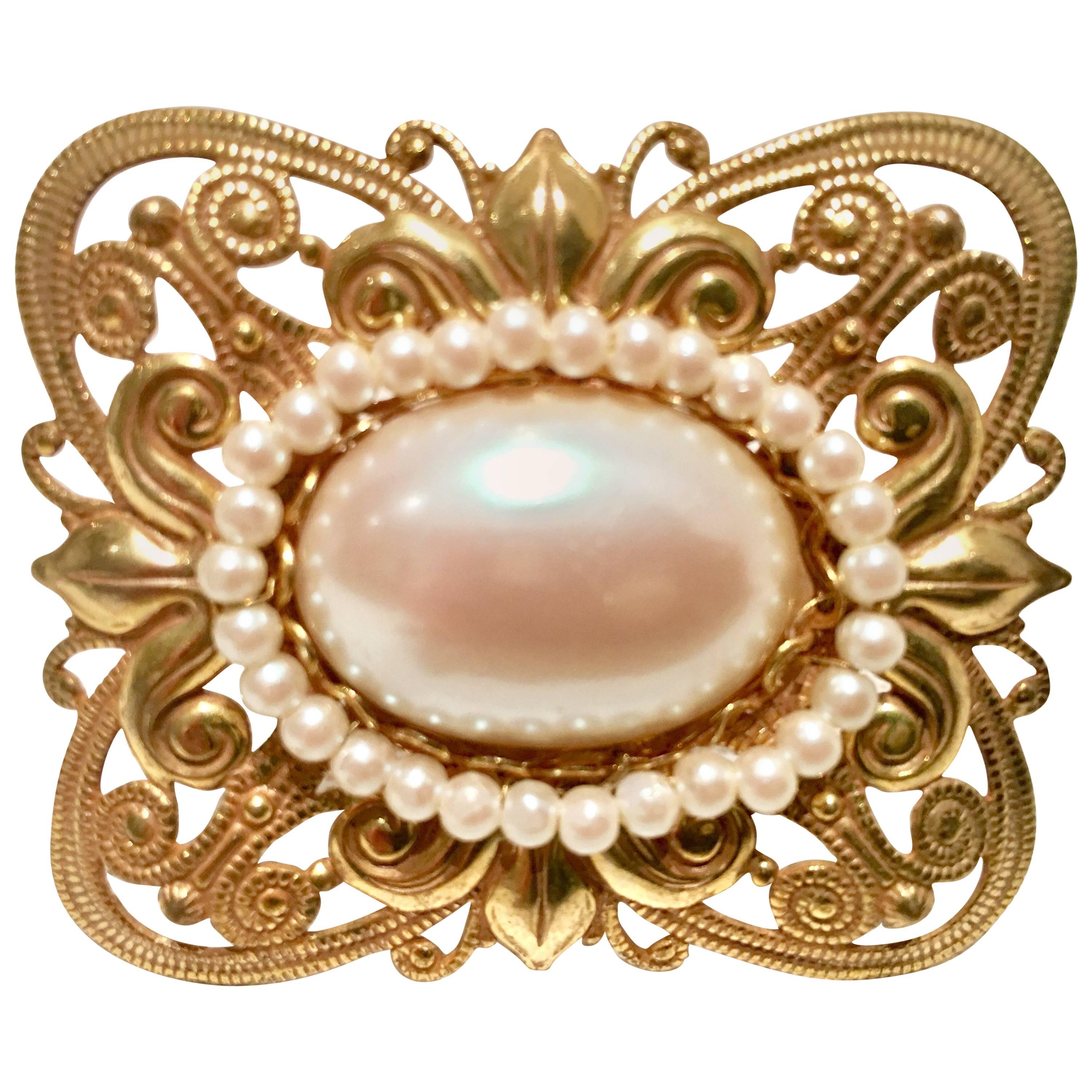 Mid-Century Russian Gold & Faux Pearl Brooch By, Miriam Haskell For Sale