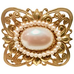 Mid-Century Russian Gold & Faux Pearl Brooch By, Miriam Haskell