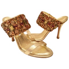 Manolo Blahnik Gold Leather and Swarofski Crystal Stiletto Shoes 8