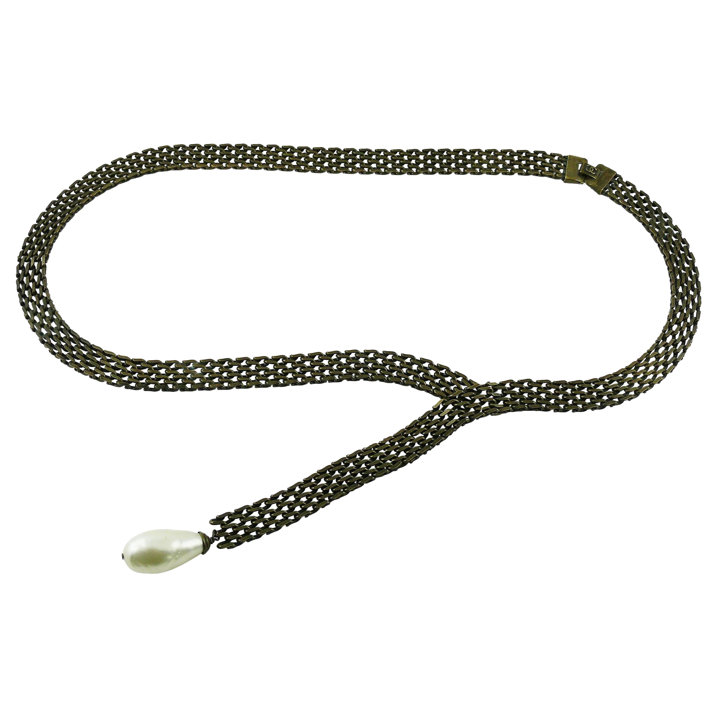 CHANEL (Attributed to) Lariat Chain Belt with Large Glass Pearl Drop