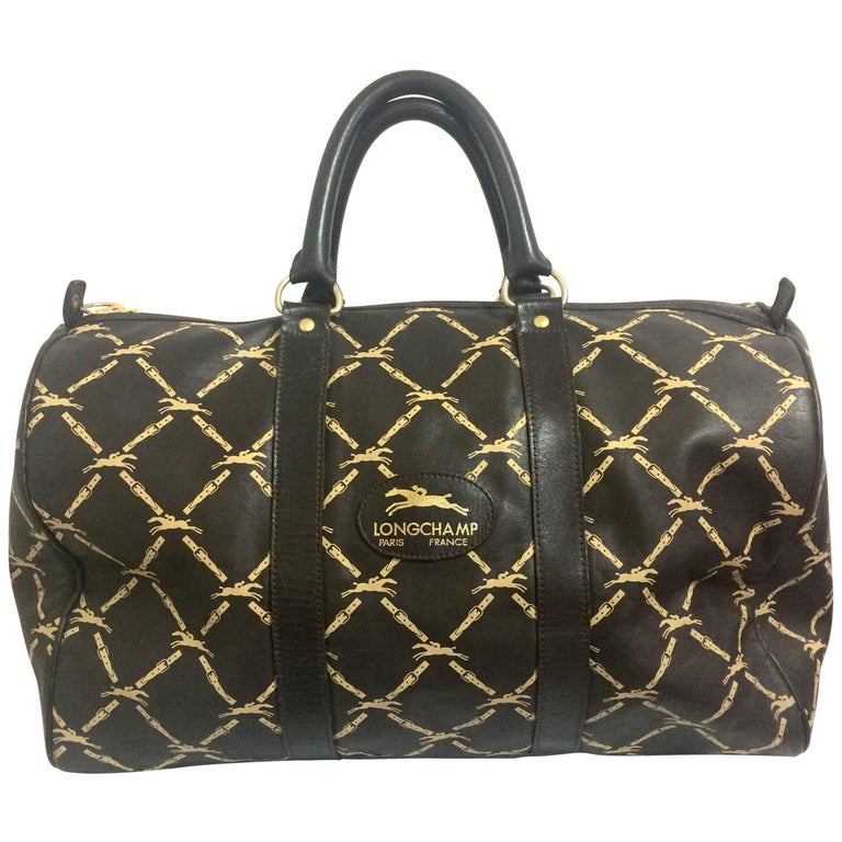 Vintage Longchamp classic dark brown nappa leather duffle bag, travel bag.  at 1stDibs