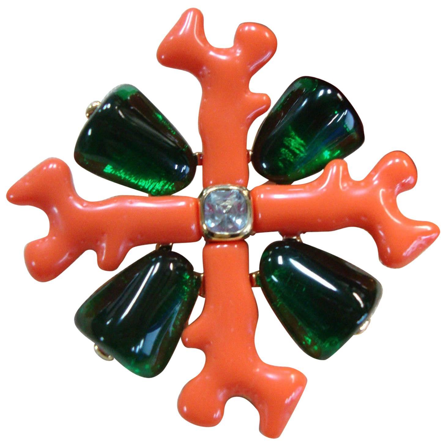 Stunning Kenneth Jay Lane KJL Faux Coral and Emerald Maltese Cross Brooch Pin 