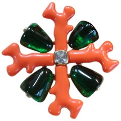 Stunning Kenneth Jay Lane KJL Faux Coral and Emerald Maltese Cross Brooch Pin