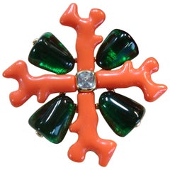 Stunning Kenneth Jay Lane KJL Faux Coral and Emerald Maltese Cross Brooch Pin 