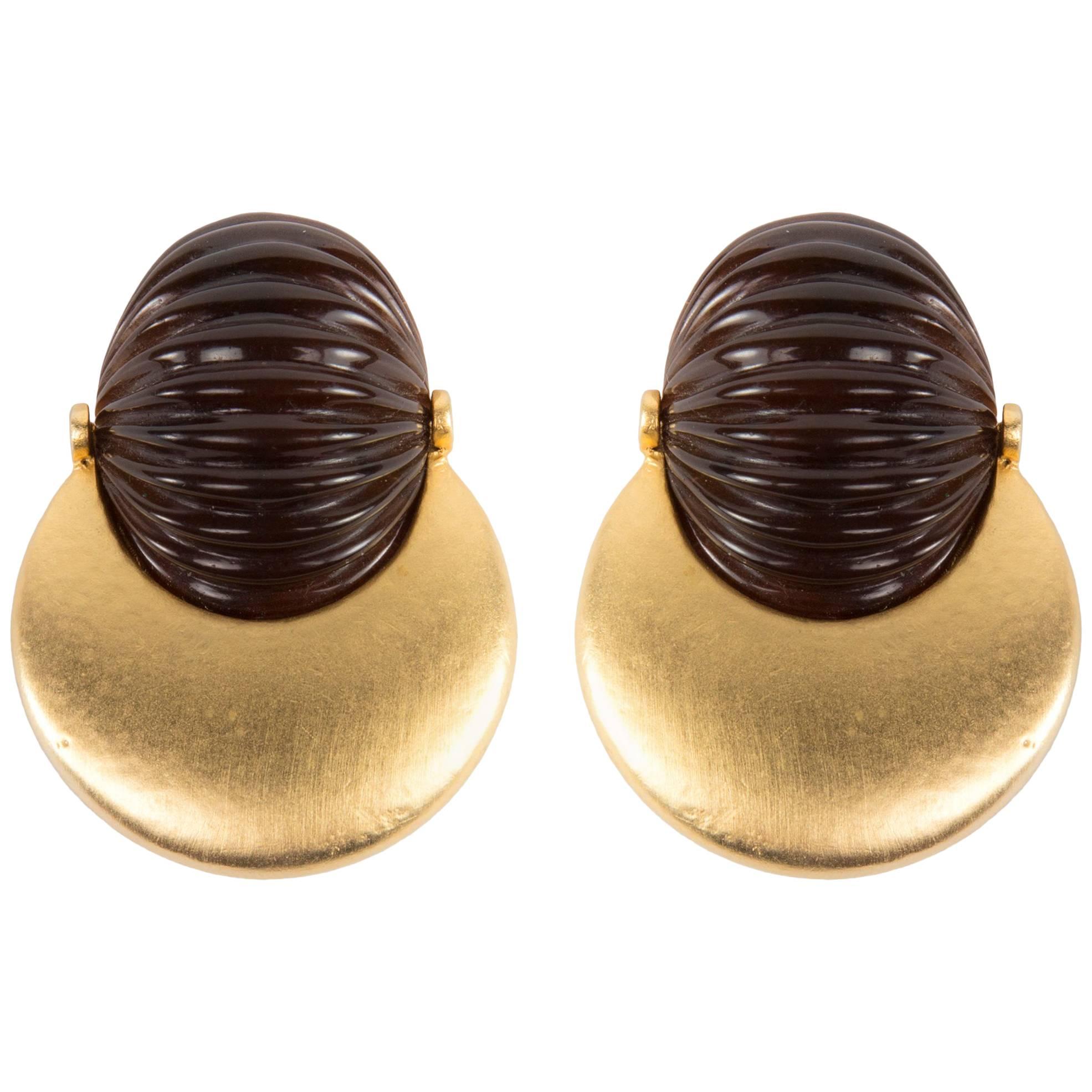 Valentino Couture Ribbed Resin Matte Gold Plate Runway Earrings 