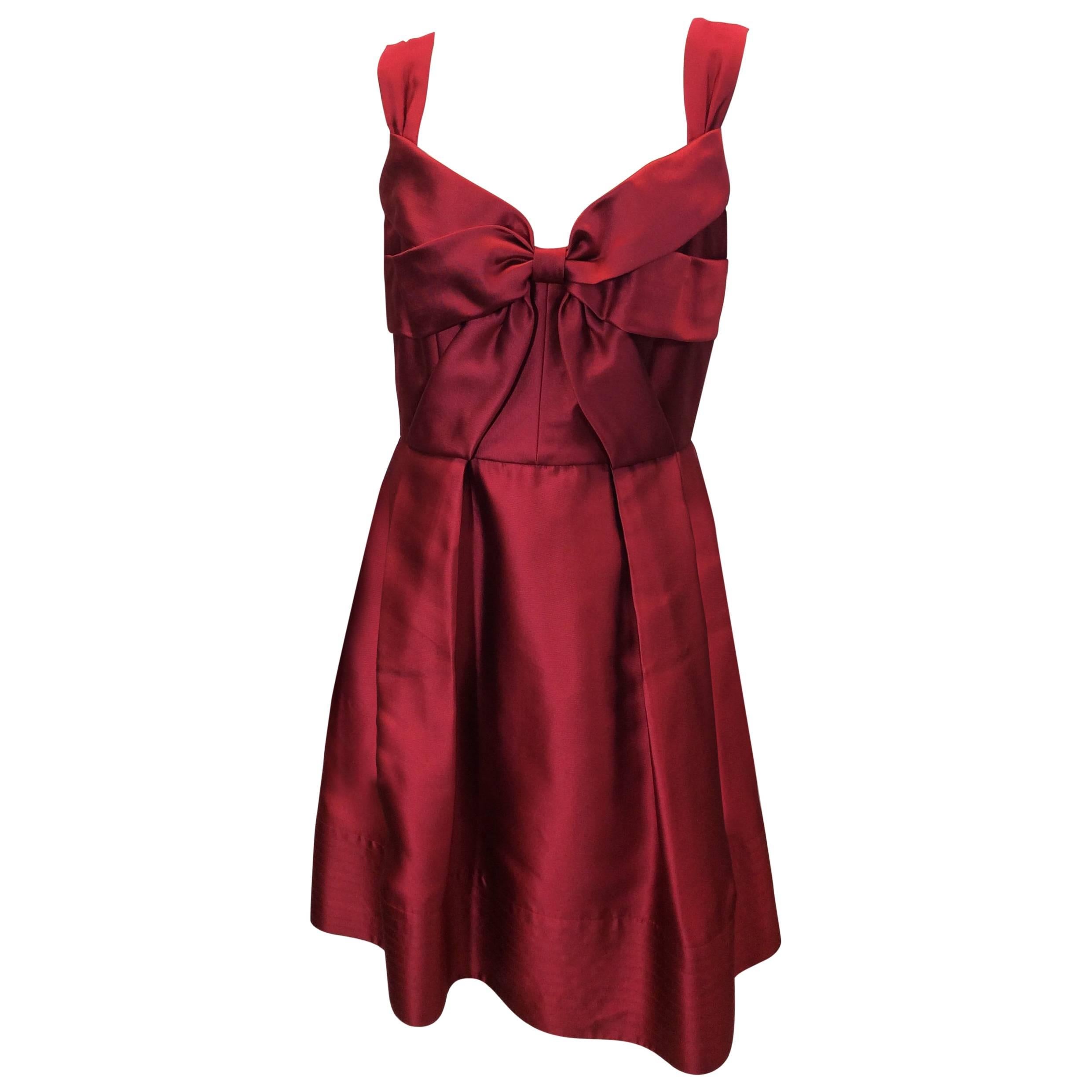 Oscar De La Renta Red Satin Bow Dress with Pleated Skirt For Sale
