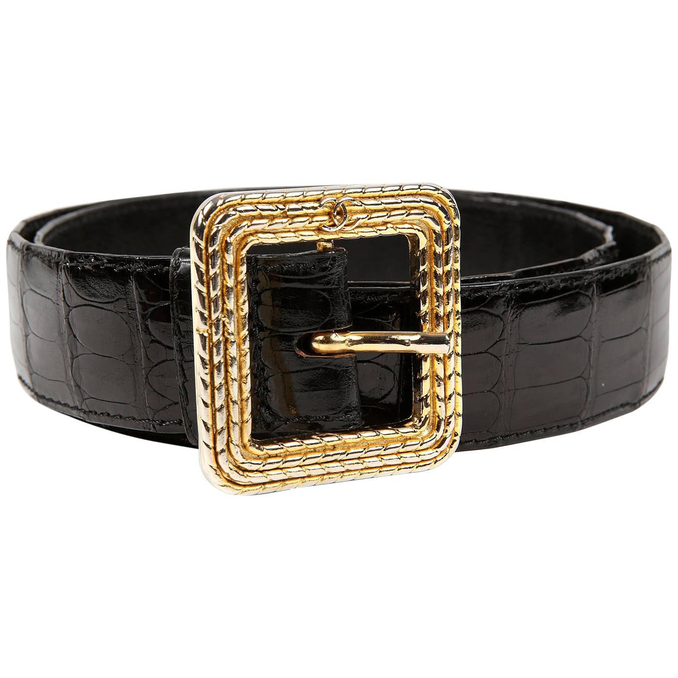 Chanel Black Crocodile Belt with Gold Square Buckle For Sale