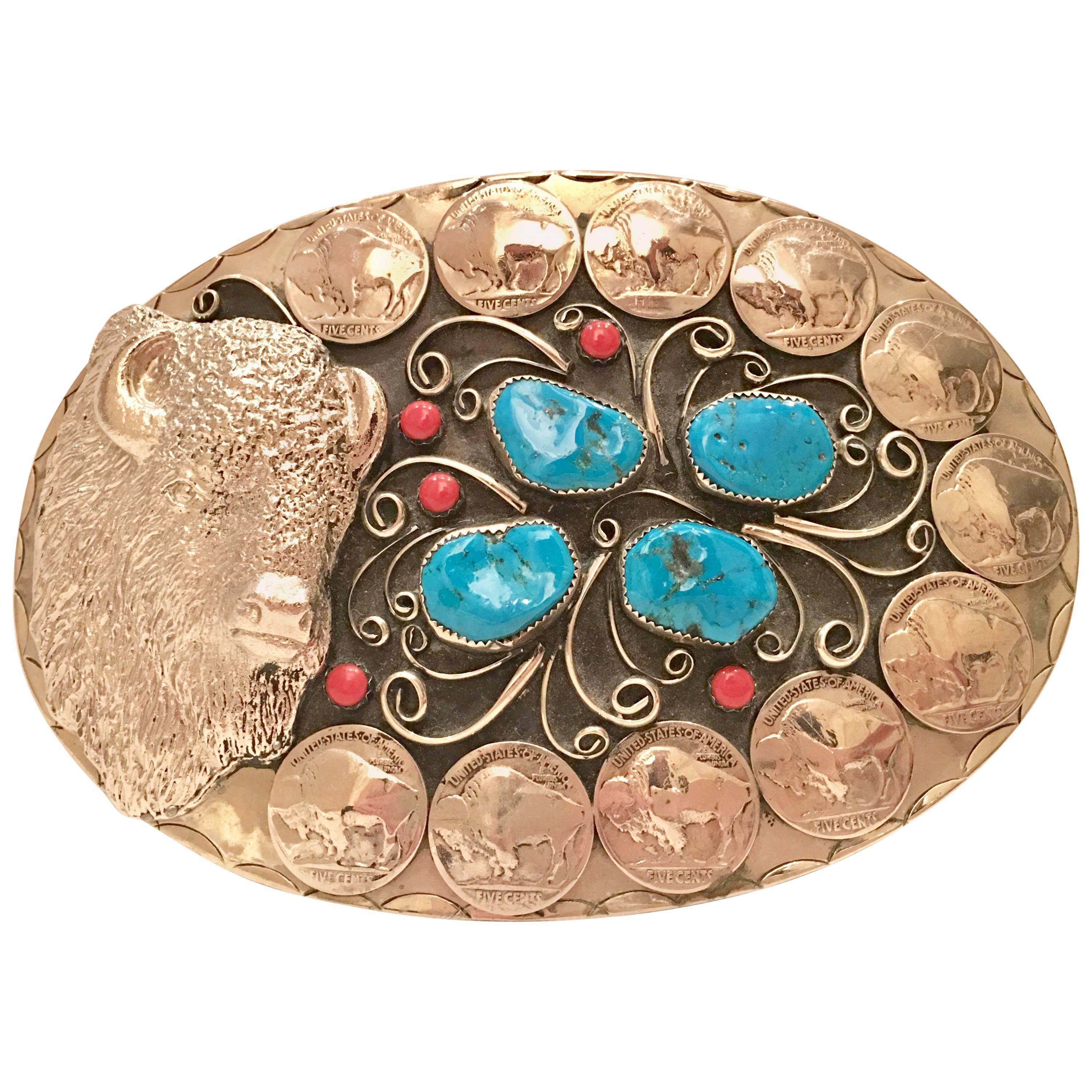 1970'S Gigantic Navajo Turquoise and Coral Silver Belt Buckle-Signed