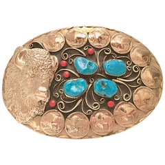 Vintage 1970'S Gigantic Navajo Turquoise and Coral Silver Belt Buckle-Signed