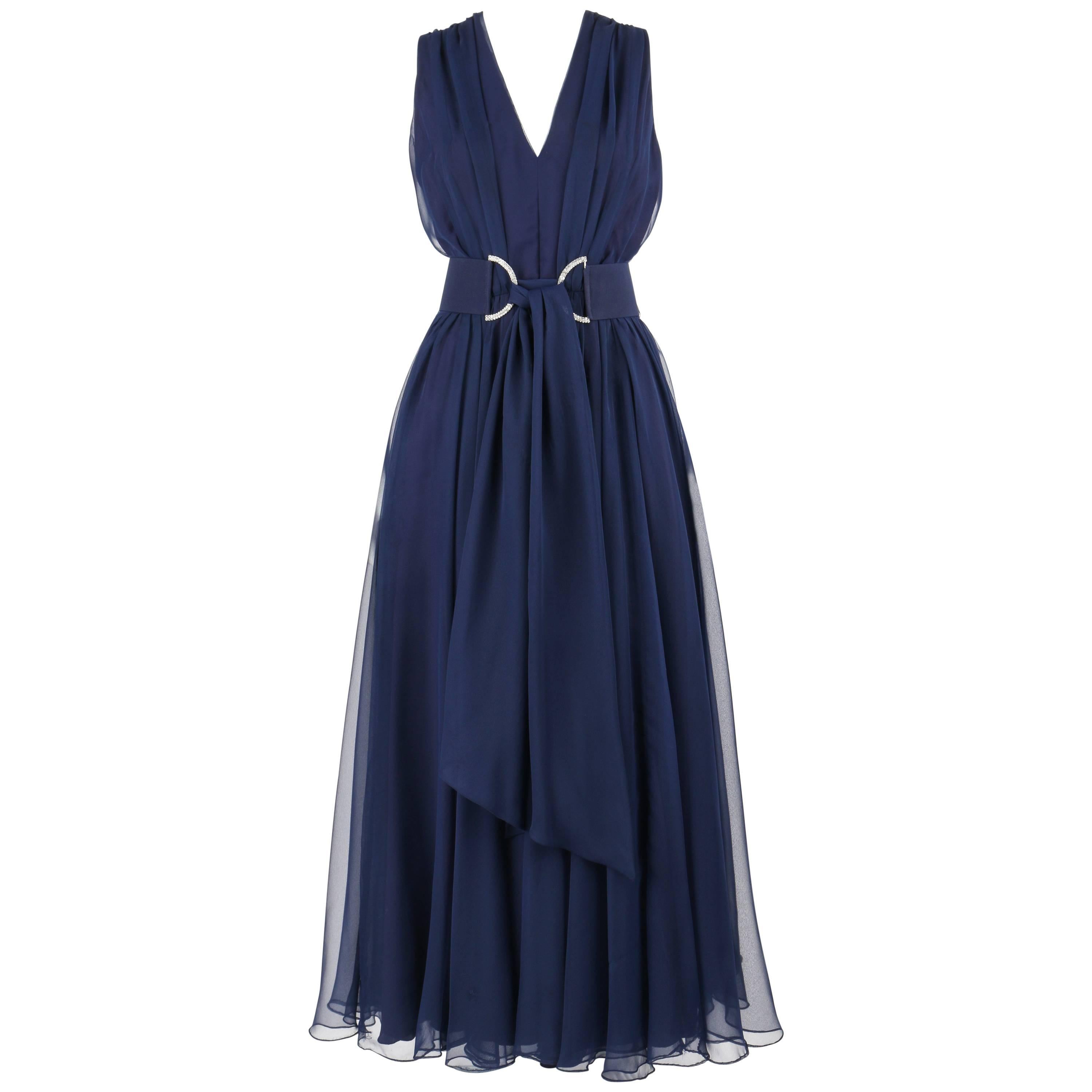 NAT KAPLAN c.1960's Navy Blue Chiffon Sleeveless Belted Evening Gown