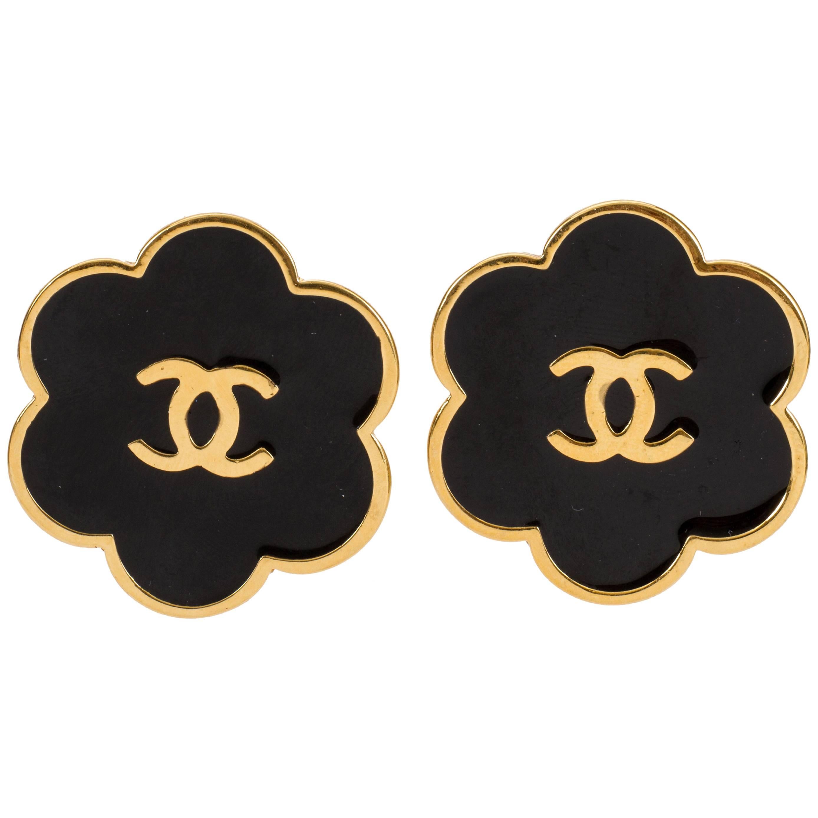 Chanel Black Enamel Logo Earrings