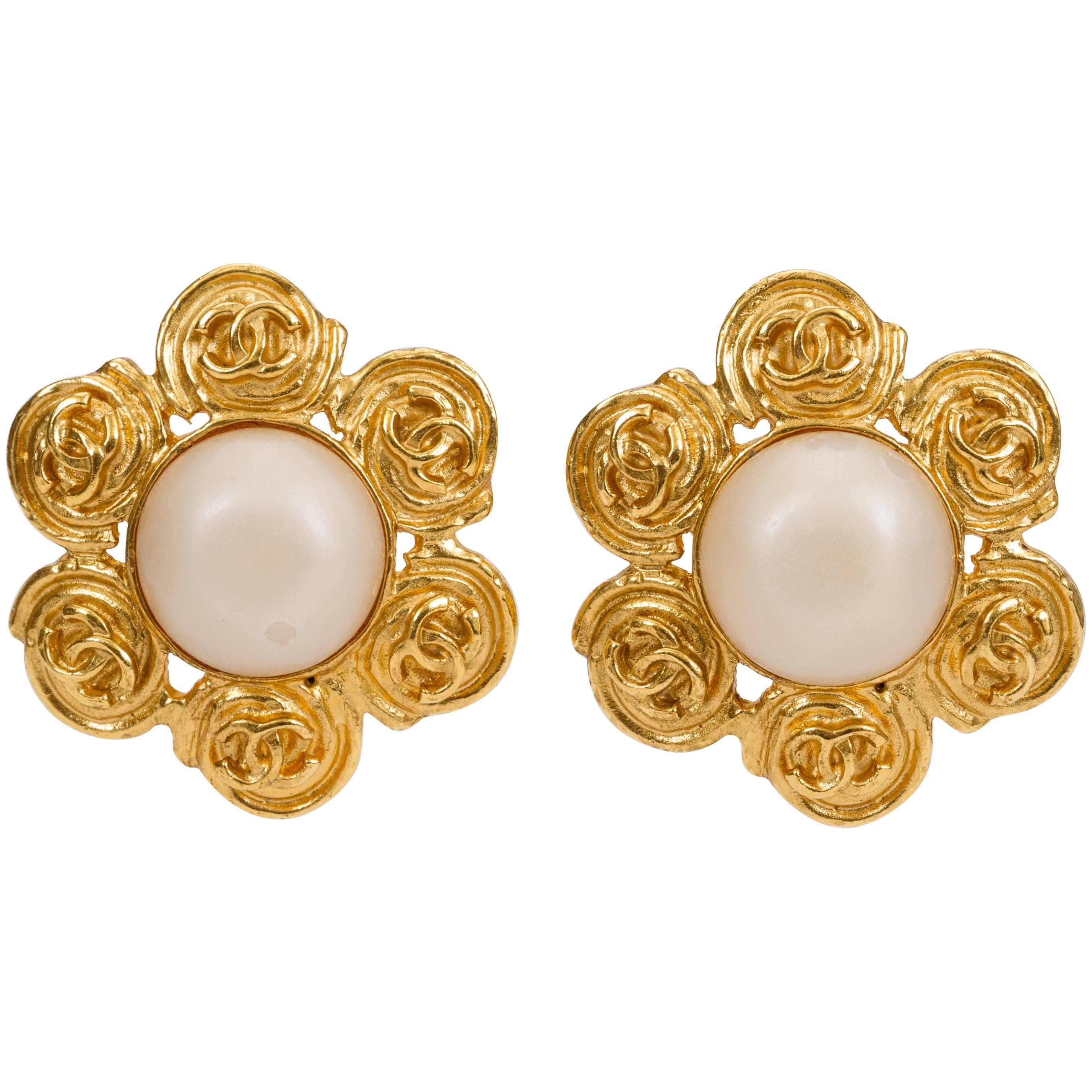 Chanel Gold Flower Pearl Clip Earrings