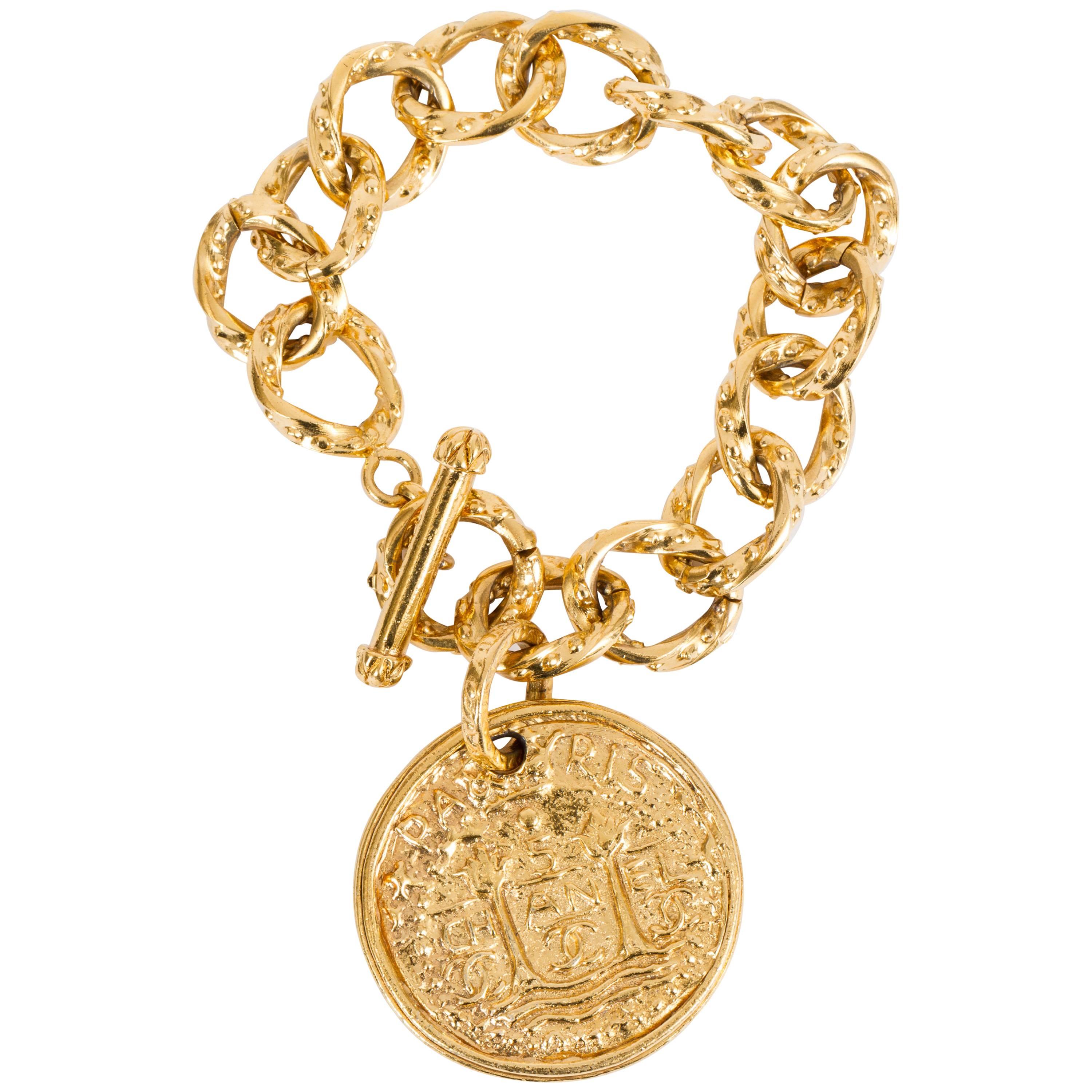 Chanel Gold Plated Oversize Tarot Coin Chain Bracelet