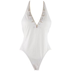 LA PERLA White Halterneck ONE PIECE SWIMSUIT w/ BEADED V-Neck SIZE 44