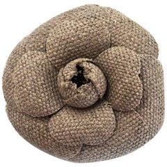 Chanel Beige Linen Camelia Flower Brooch Pin