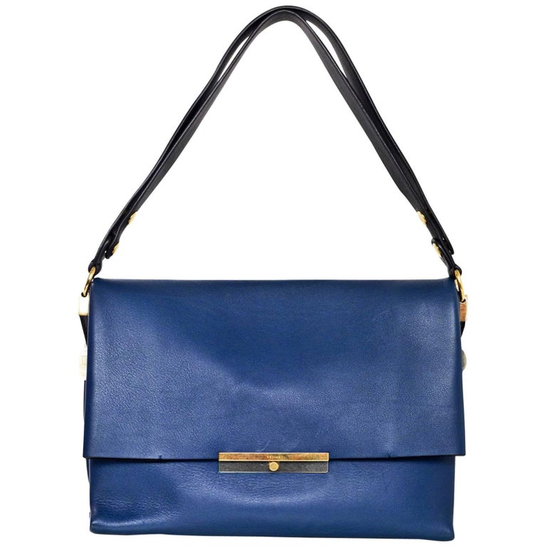 Celine Navy Leather Blade Flap Shoulder Bag with Dust Bag For Sale at
