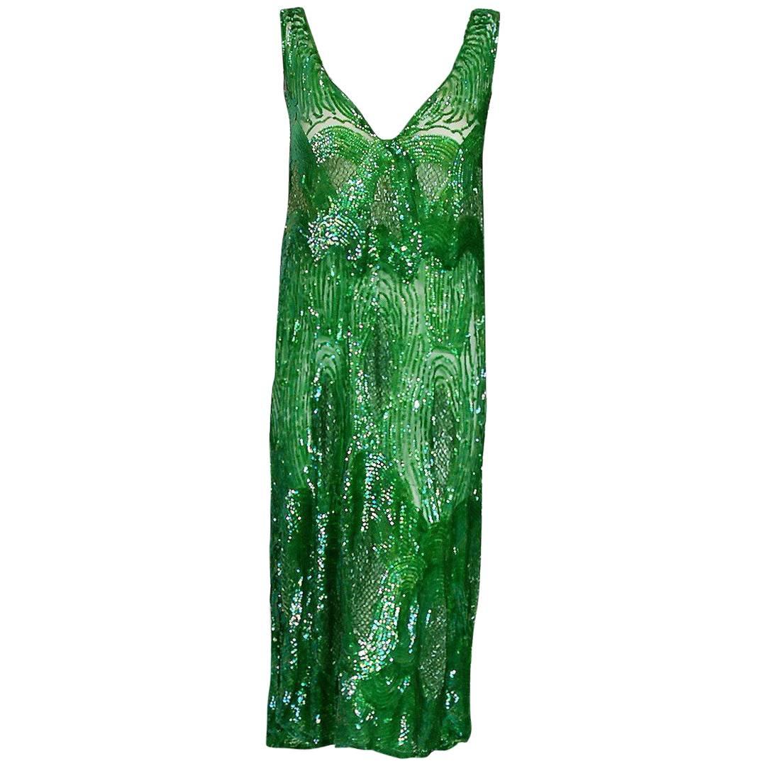 1920's Emerald Green Iridescent Beaded Sequin Art-Deco Sheer Net Flapper Dress