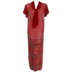 1920's Burgundy Red Beaded Art Deco Floral Silk Scarf-Tie Couture Flapper Dress
