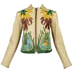 Iconic East West Leather Leaf Applique Jacket w Hand Painted Lion & Jungle Scene