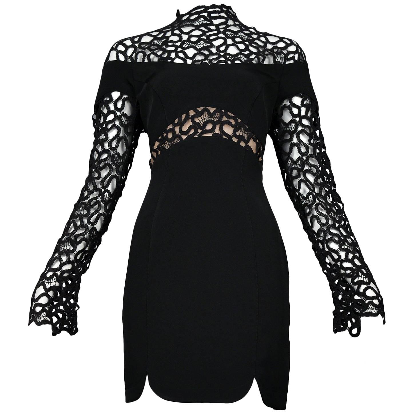 Thierry Mugler Black Lace & Insets Long Sleeve Mini Cocktail Dress 