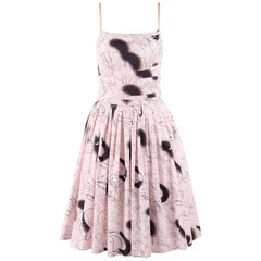 PRADA Sport Light Pink Ink Sketch Face Print Spaghetti Strap Pleated Sundress