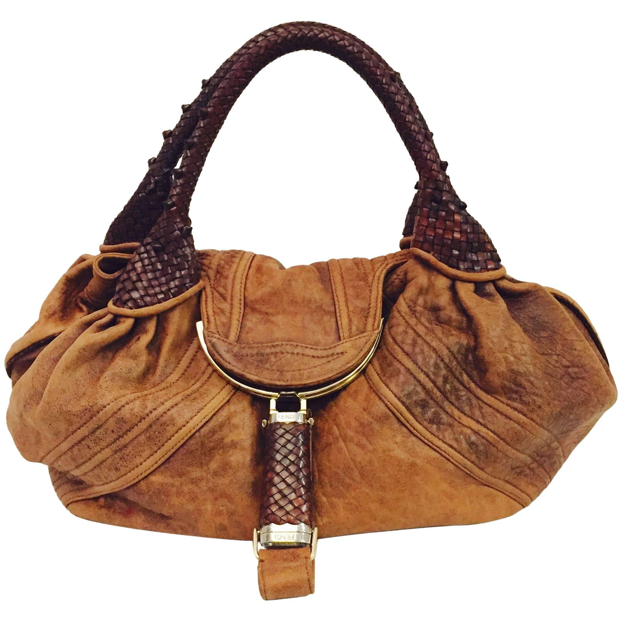 Luscious Fendi Tan Distressed Leather Spy Hobo Handbag 