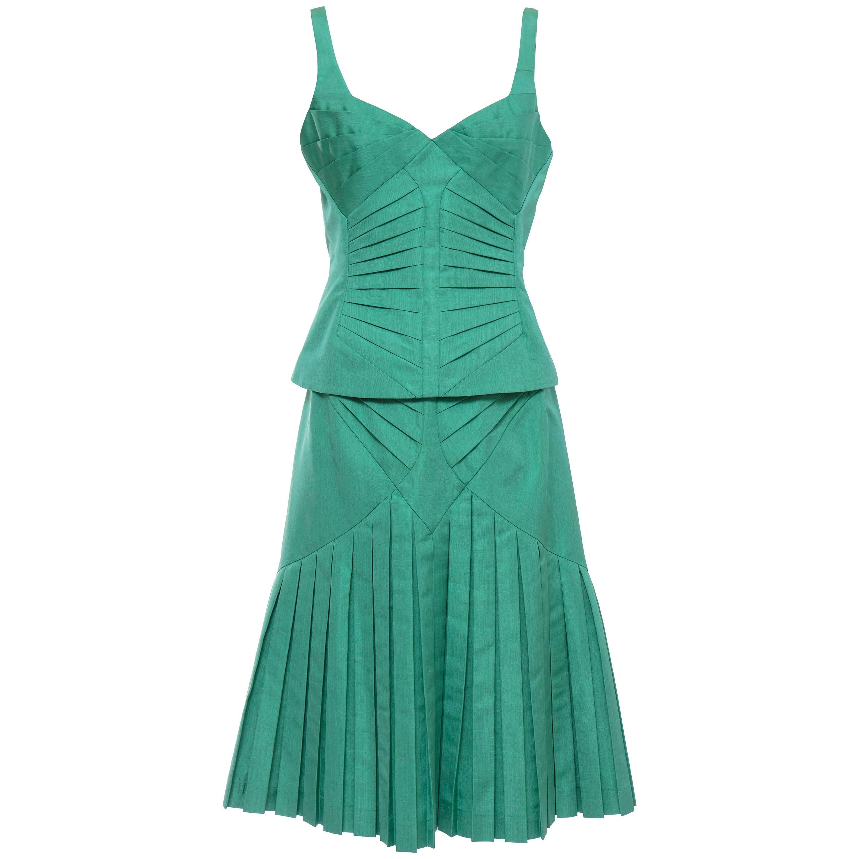 Zac Posen Green Silk Moiré Pleated Skirt Suit, Fall 2005 For Sale
