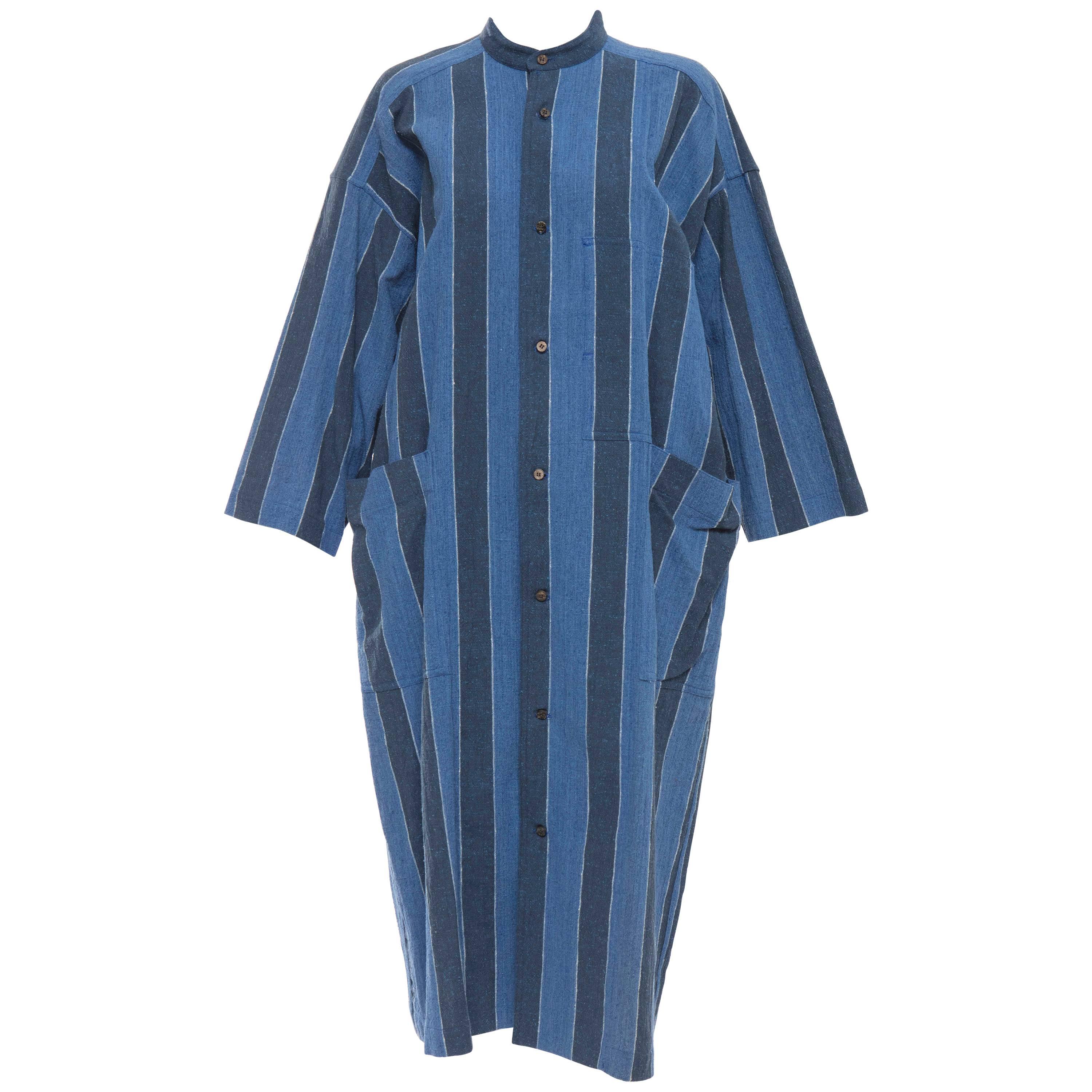 Issey Miyake Plantation Woven Cotton Button Front Dress, Circa 1980's For Sale