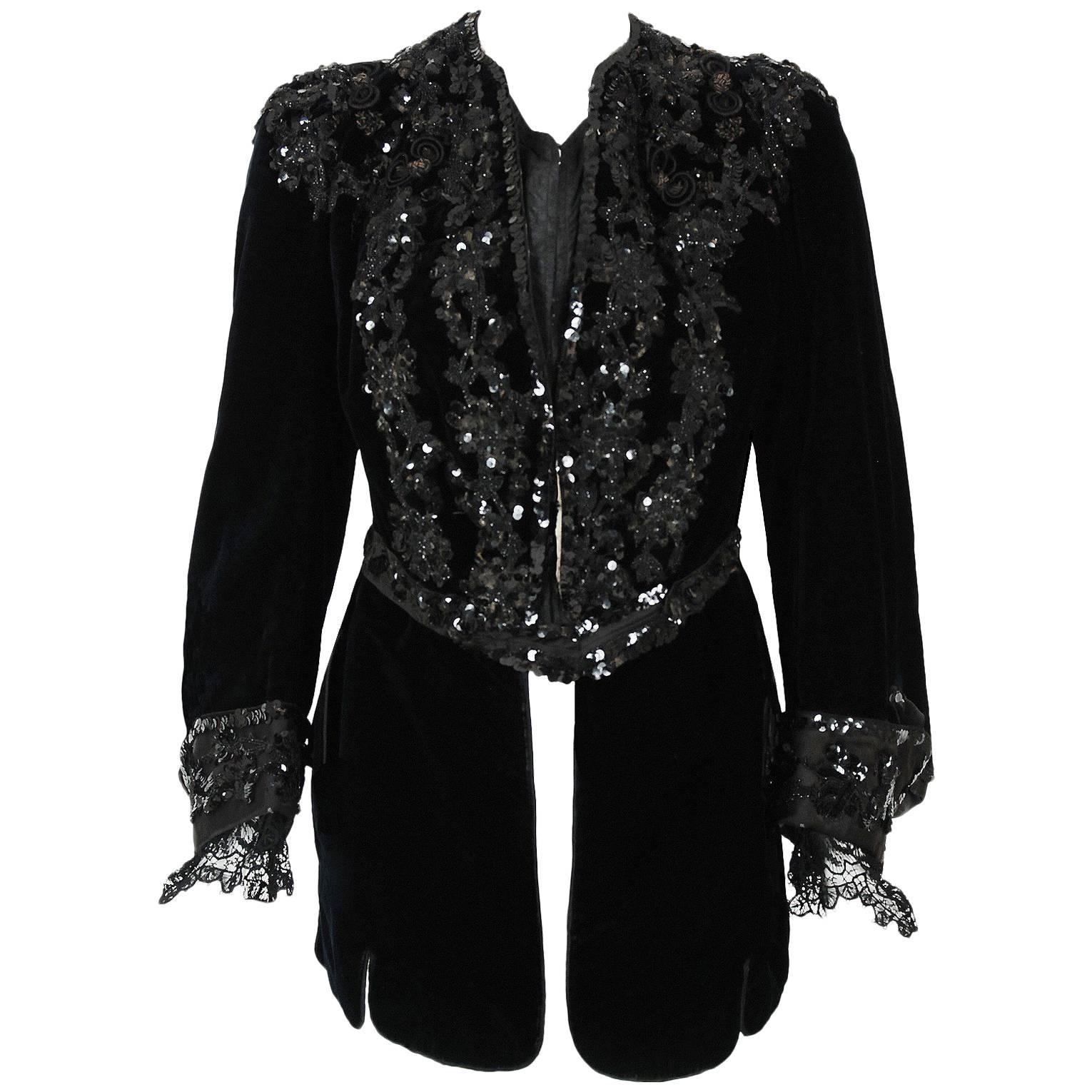 1910's Edwardian Antique Couture Black Beaded Sequin Velvet Poet-Sleeve Jacket 