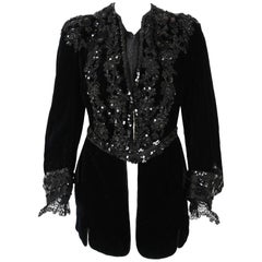 1910's Edwardian Antique Couture Black Beaded Sequin Velvet Poet-Sleeve Jacket