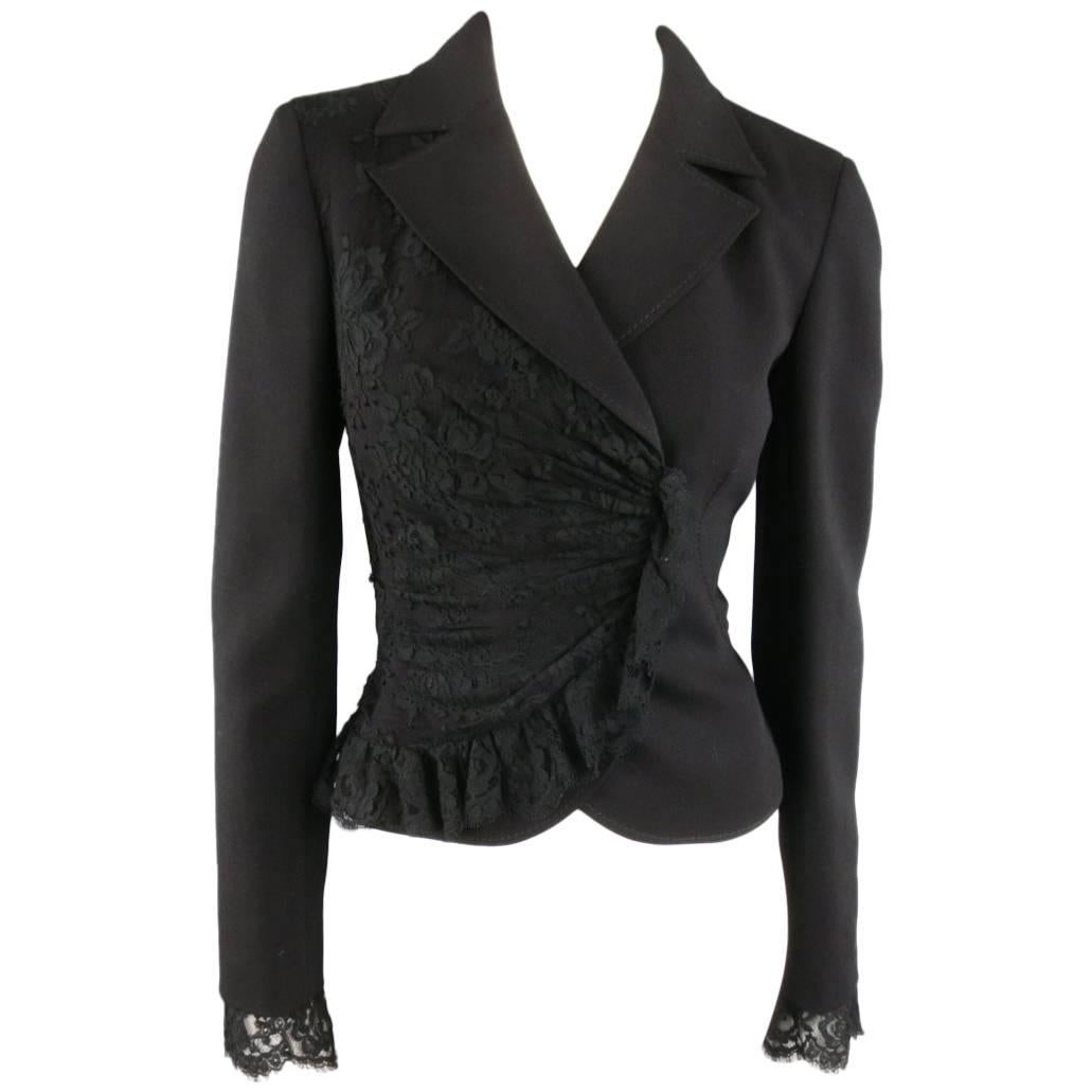 VALENTINO Size 8 Black Wool & Draped Ruffle Lace Wrap Jacket
